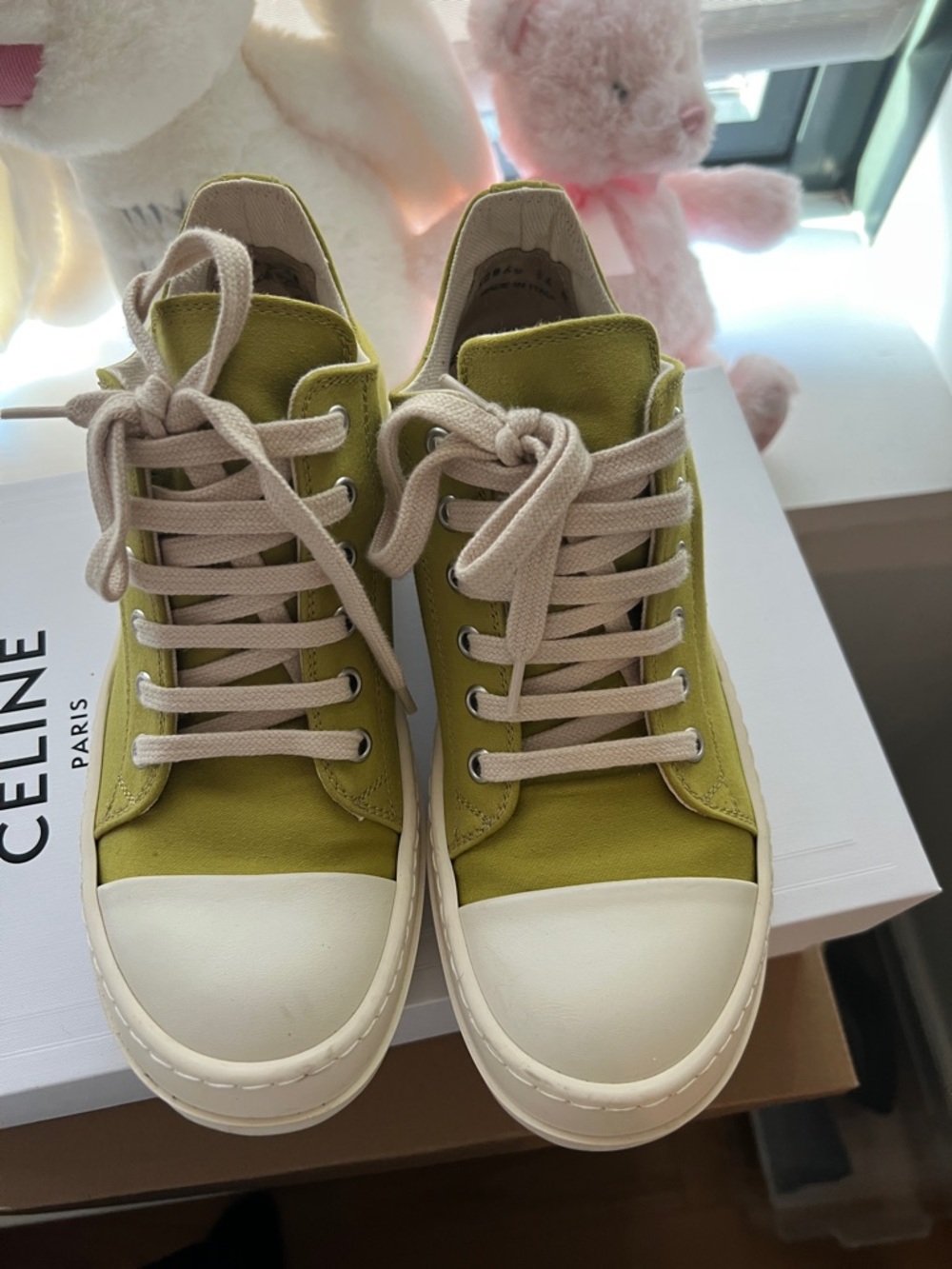 Rick Owens Olive Green Canvas Low-Top Sneakers with Cream Laces